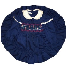 Vtg Polly Flinders 4 girl Blue Hand Smocked Full circle LS Flutter Cap Dress VG