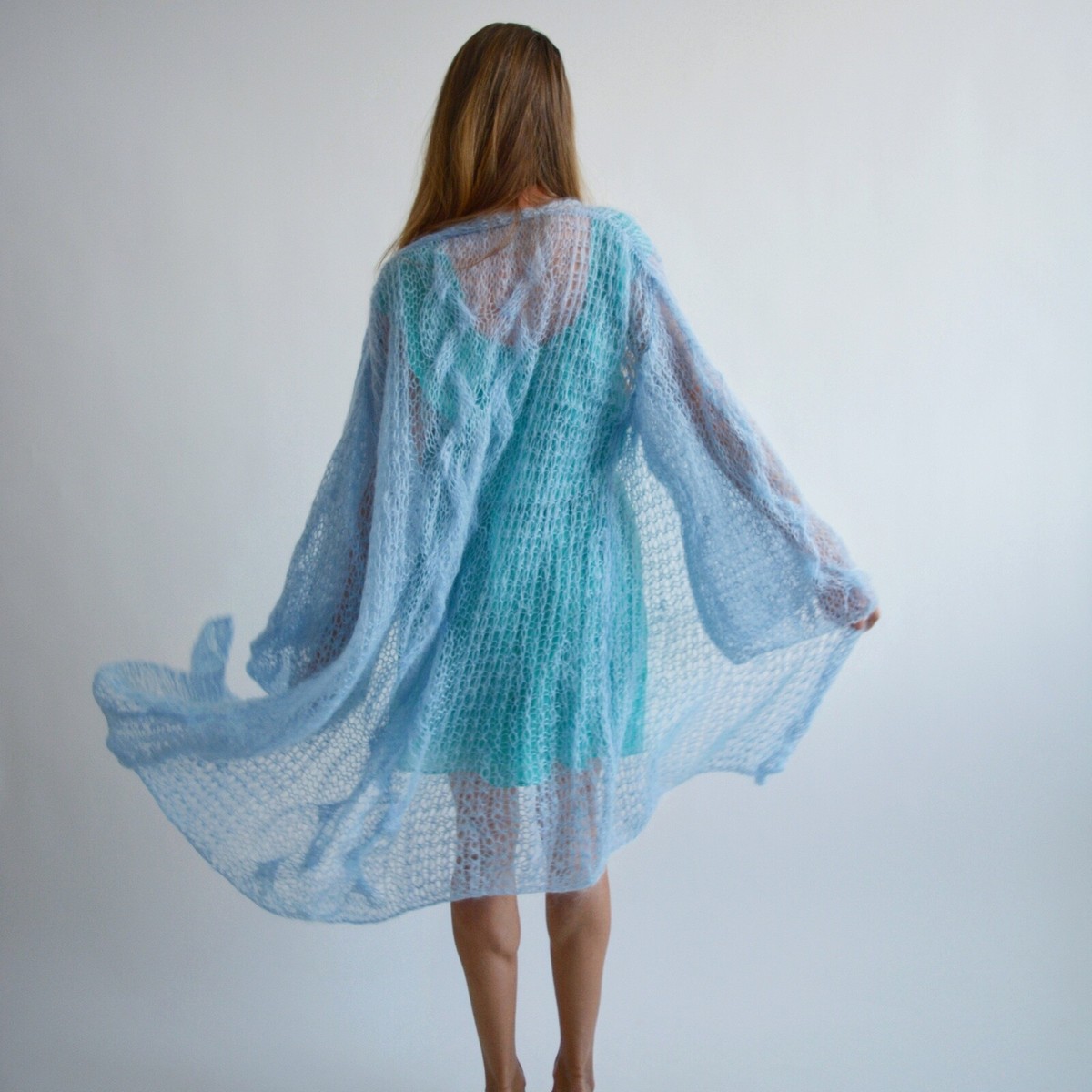 Blue mohair cardigan Long belted cardigan Light soft hand knitted 