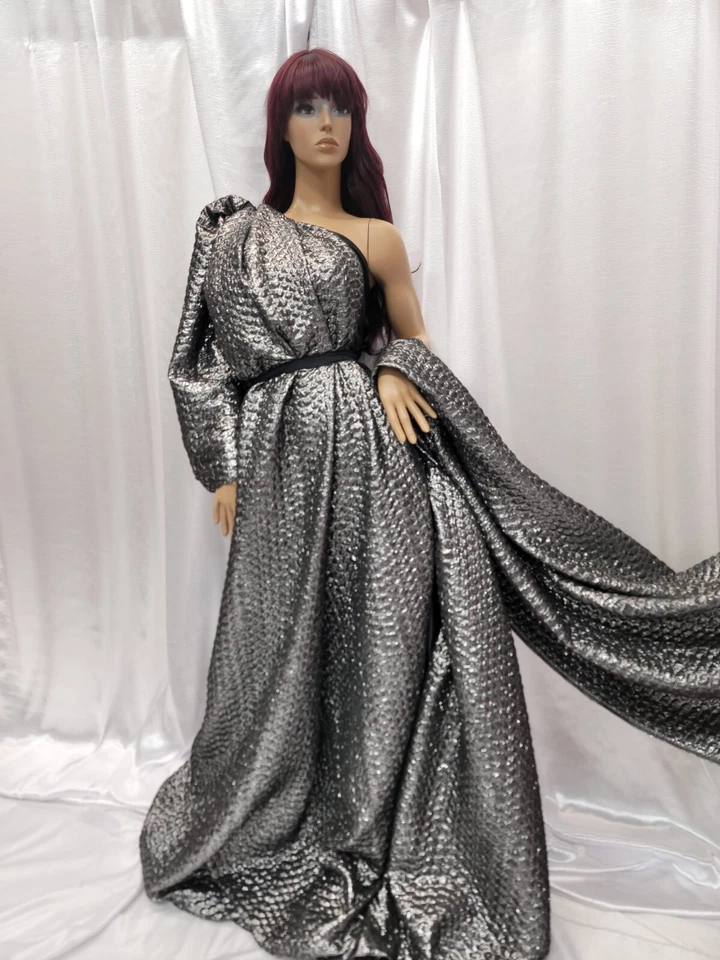 Dark Gray Metallic Brocade Jacquard Fabric by Yard Floral Flowers Dress Gown - Image 2 of 4