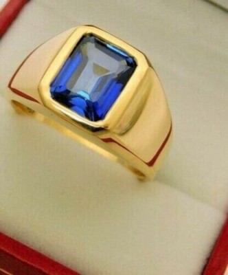 1.12Ct Emerald Simulated Tanzanite Men's Band Ring 14k Yellow Gold Plated Silver