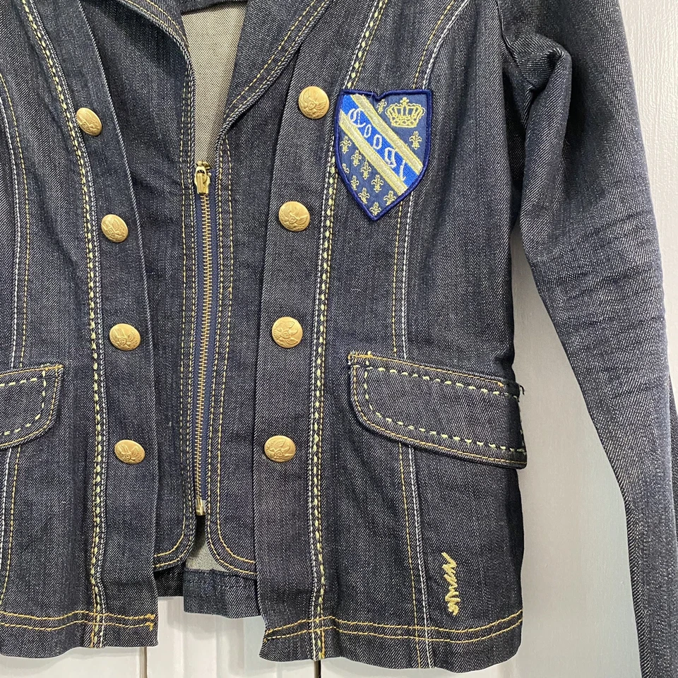 Chaqueta para mujer vintage años 90’s Y2K Coogi talla mediana denim estilo militar estrás Foto 2 de 4