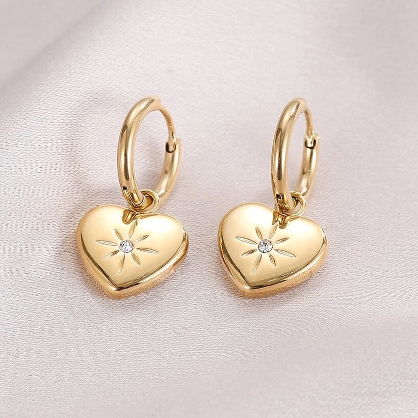 18ct Gold-Plated 14mm Hoop Earrings with Heart Charm & Cubic Zirconia Stone - Image 2 of 3