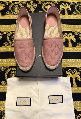 New Authentic Gucci Women Espadrilles Pink Canvas Monogram GG Size G 39.5