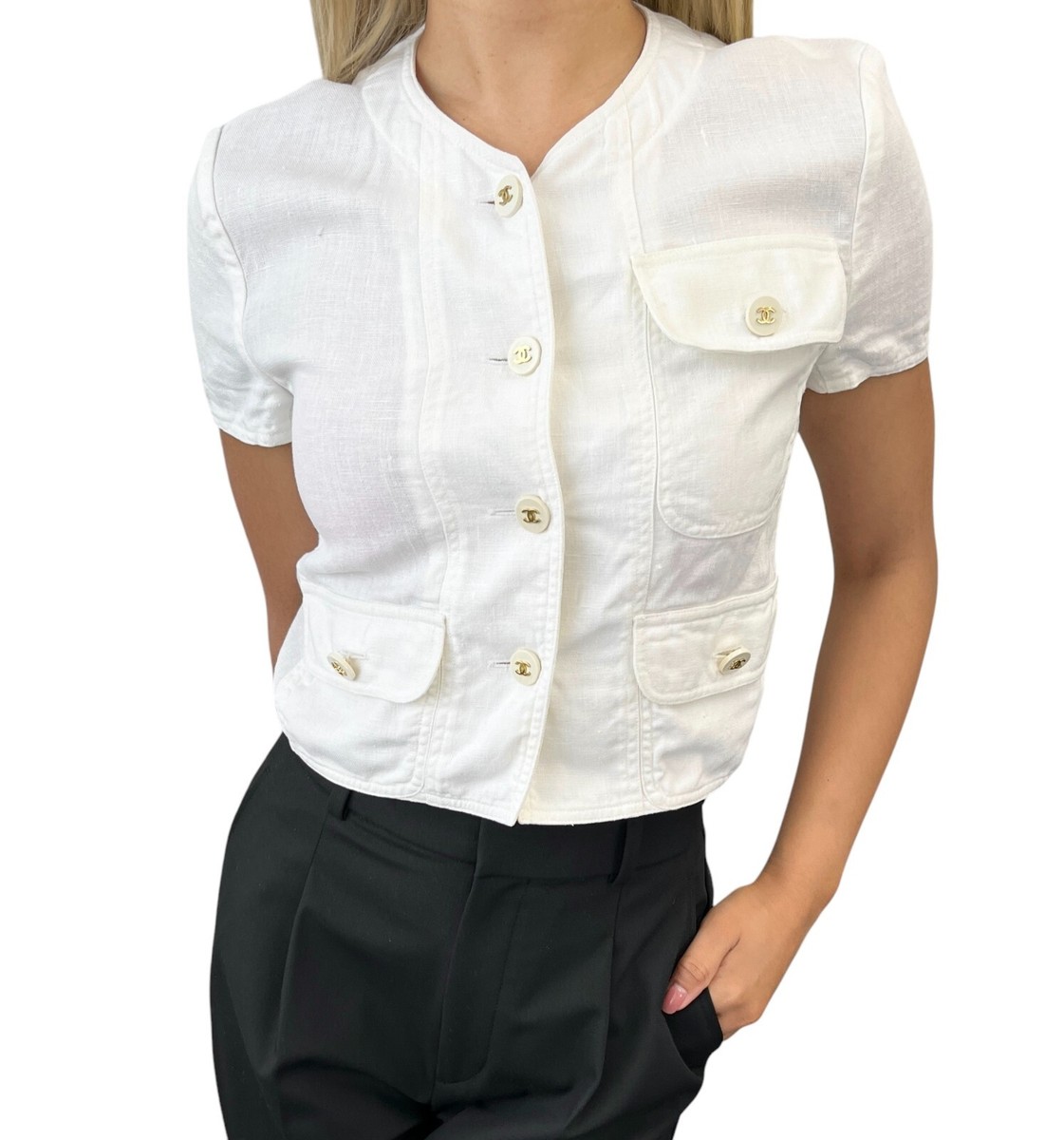CHANEL Vintage 97P CC Mark Logo Linen Shirt #36 Short Sleeve