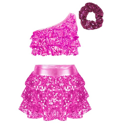 Kids Girls Outfit One Shoulder Set Skirt Suit Hair Tie Costume Ballet Dancewear - Picture 37 of 52