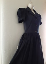 1940s-style midi black dress with puff sleeves / Little Black Dress / S