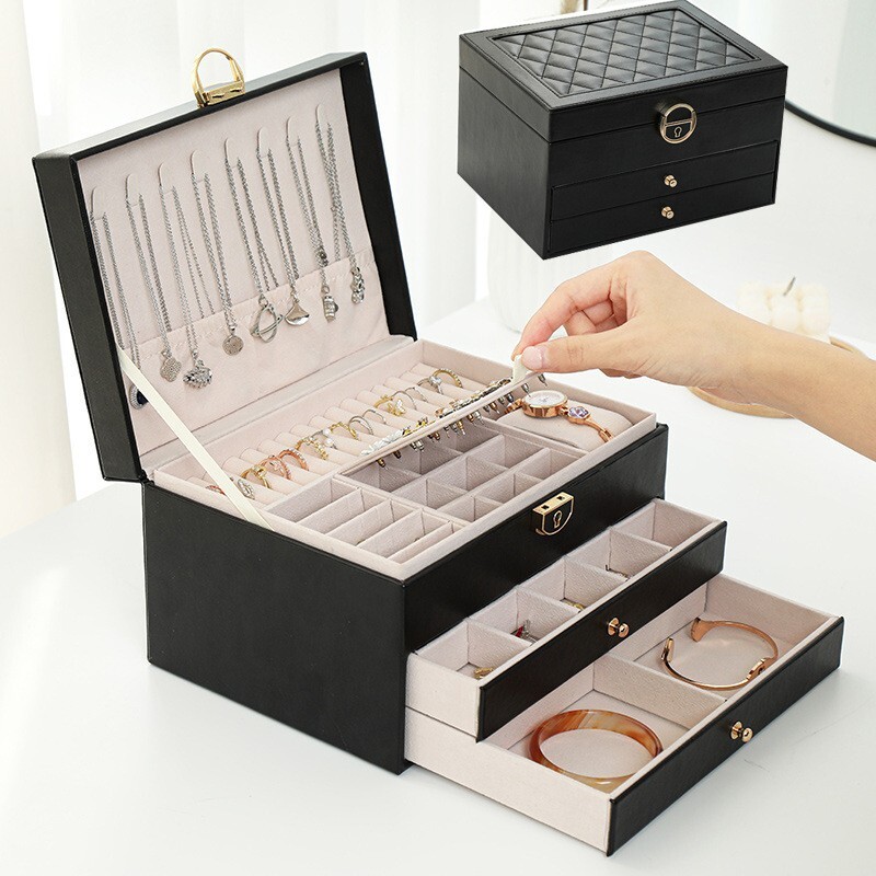 Best Gift Idea Three Layer Lockable PU Leather Jewelry Storage Box with Lock and