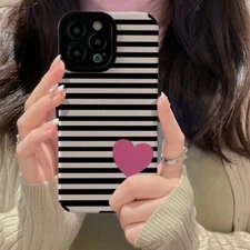 Stripe Heart Phone Case for iPhone 12 11 13 14 15 16 Max Pro Shockproof Shell