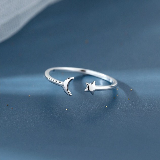 925 Sterling Silver Moon Star Adjustable Ring Womens Girls Jewellery
