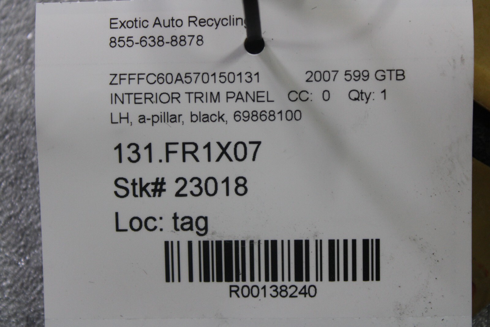 Ferrari 599 GTB, LH, Left, A-Pillar Interior Trim Panel, Used, P/N 69868100
