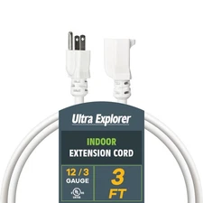 White Indoor Extension Cord 3 Ft 12/3 SJTW Heavy Duty 15 AMP Power Cable