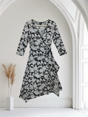 BCBGMAXAZRIA Womens Black Floral Ruffle Faux Wrap Dress Medium Summer Y2K $298