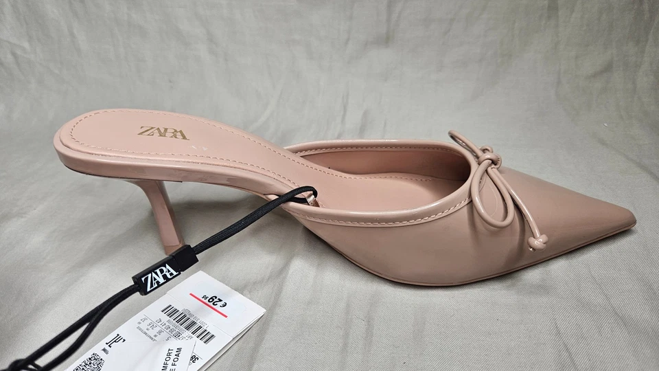 ZARA Slip On Heels Womens SZ US 7.5 EUR 38 Beige Faux Patent Leather Pointed Toe - Image 3 of 4