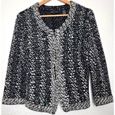 Dana Buchman Jacket Large Black Wool Angora Tweed Chunky Sequin Cardigan Sweater