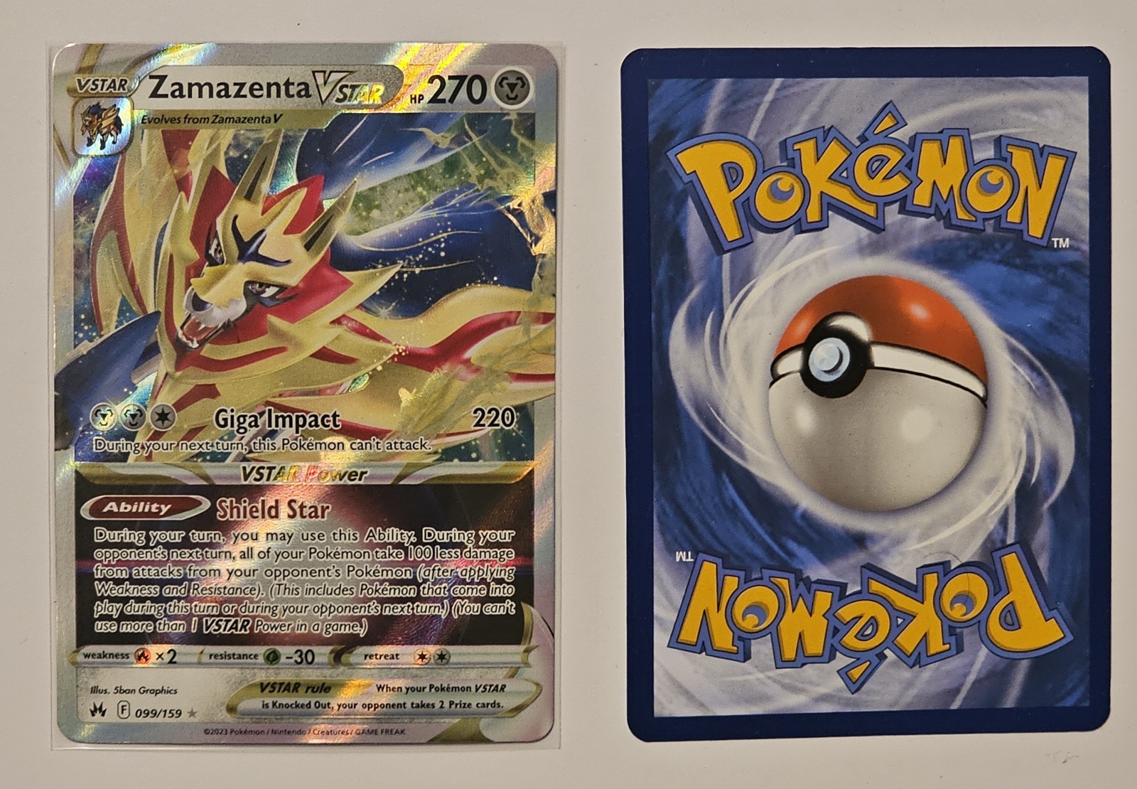 Zamazenta VSTAR 099/159 Crown Zenith Holo Pokémon TCG & Bonus Card 