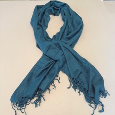 D Y Pashmina Scarf Teal Blue Paisley Jacquard Fringe Wrap Shawl