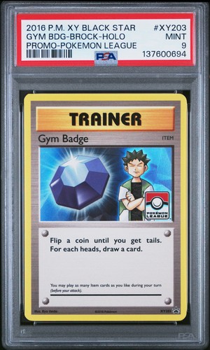 2016 POKEMON XY BLACK STAR PROMO POKEMON LEAGUE GYM BADGE-BROCK-HOLO PSA 9