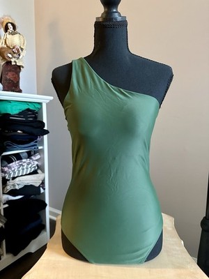Quince Italian One Shoulder One Piece Swimsuit in Palm Green Size M