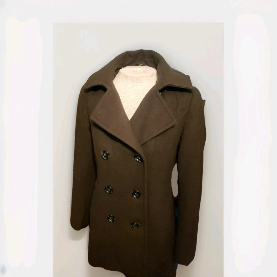 Abrigo Preston & York Mezcla Lana Guisante Verde Mujer Talla Pequeña Bolsillo con Botones Foto 3 de 4