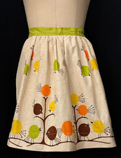 Vtg 1960s MCM LINEN APRON, ATOMIC Style BIRDS in TREES Print, Mint Condition