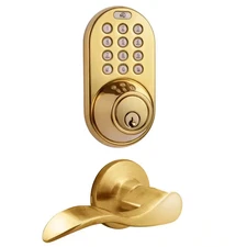 Polished Brass Keyless Entry Deadbolt Lever Handleset Door Lock Combo with Remot