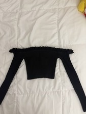 Black Off The Shoulder Long Sleeve Top Ribbed Knit Fabric And Ruffle Neckline