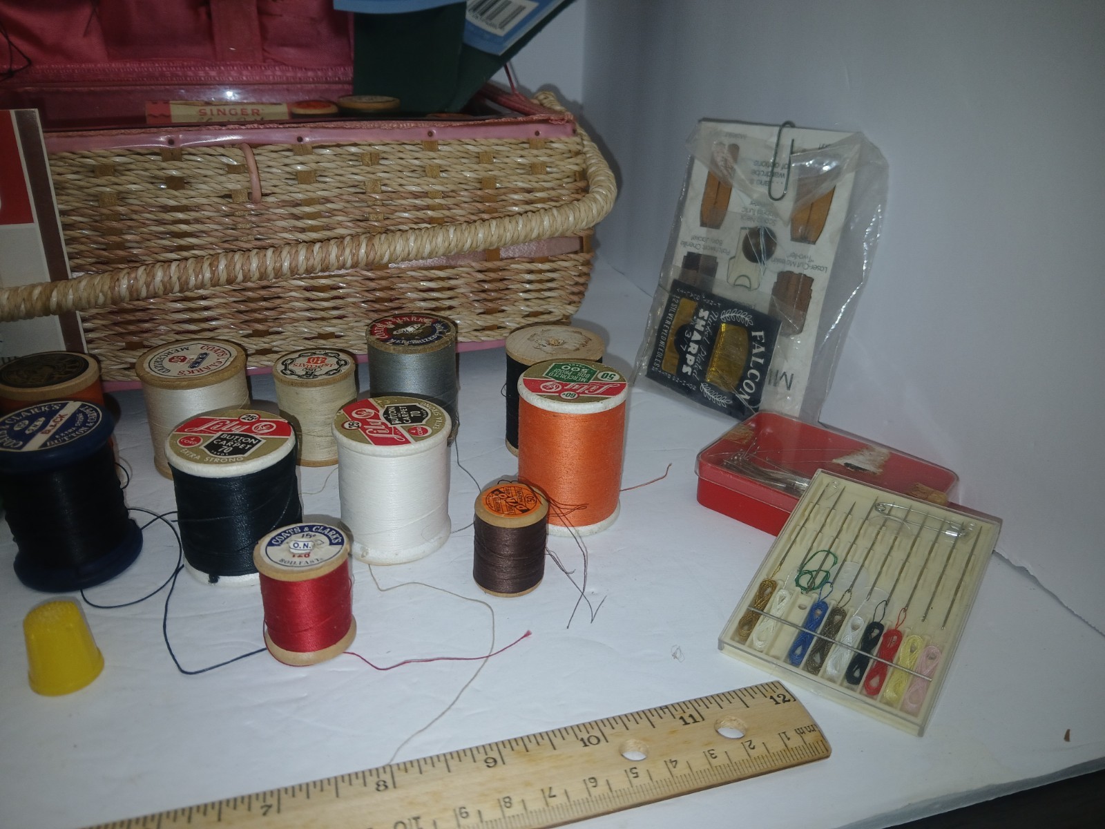 Vintage DRITZ PINK  Wicker Woven Sewing Box Basket w/Notions Contents 1960's