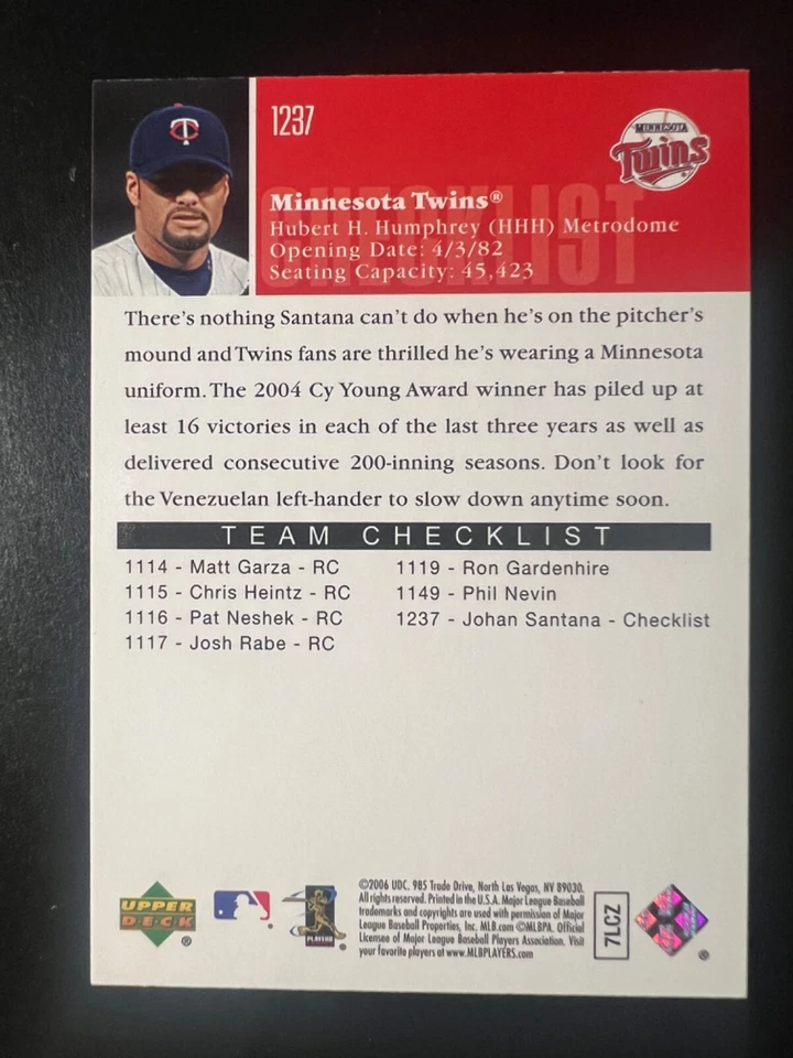 2006 Upper Deck #1237 Johan Santana CL SP Twins - Image 2 of 2