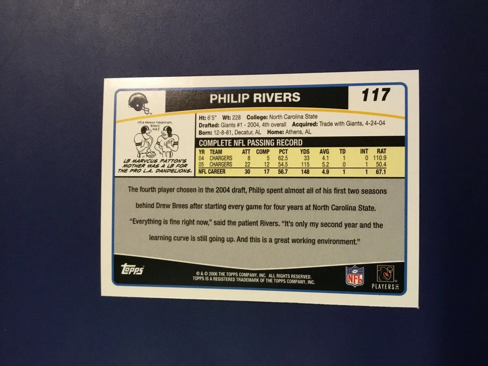 2006 Topps # 117 PHILIP RIVERS San Diego Chargers Great Card Look !  - Image 2 of 2