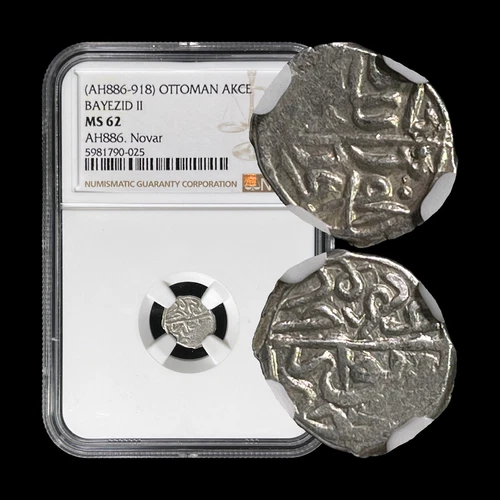 OTTOMAN. 1481, Akce, Silver - NGC MS62 - Bayezid II - Novar, Serbia 025