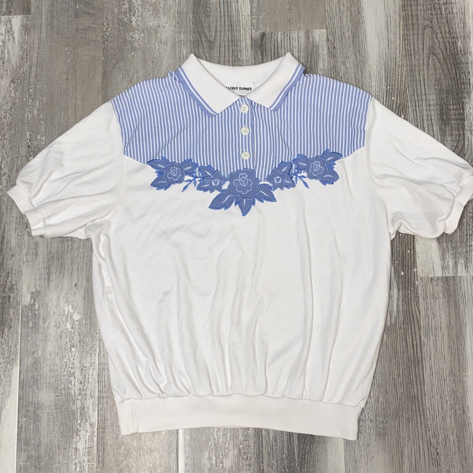 Vintage Alfred Dunner Short Sleeve Polo Shirt Stripes Flowers ~ Size M