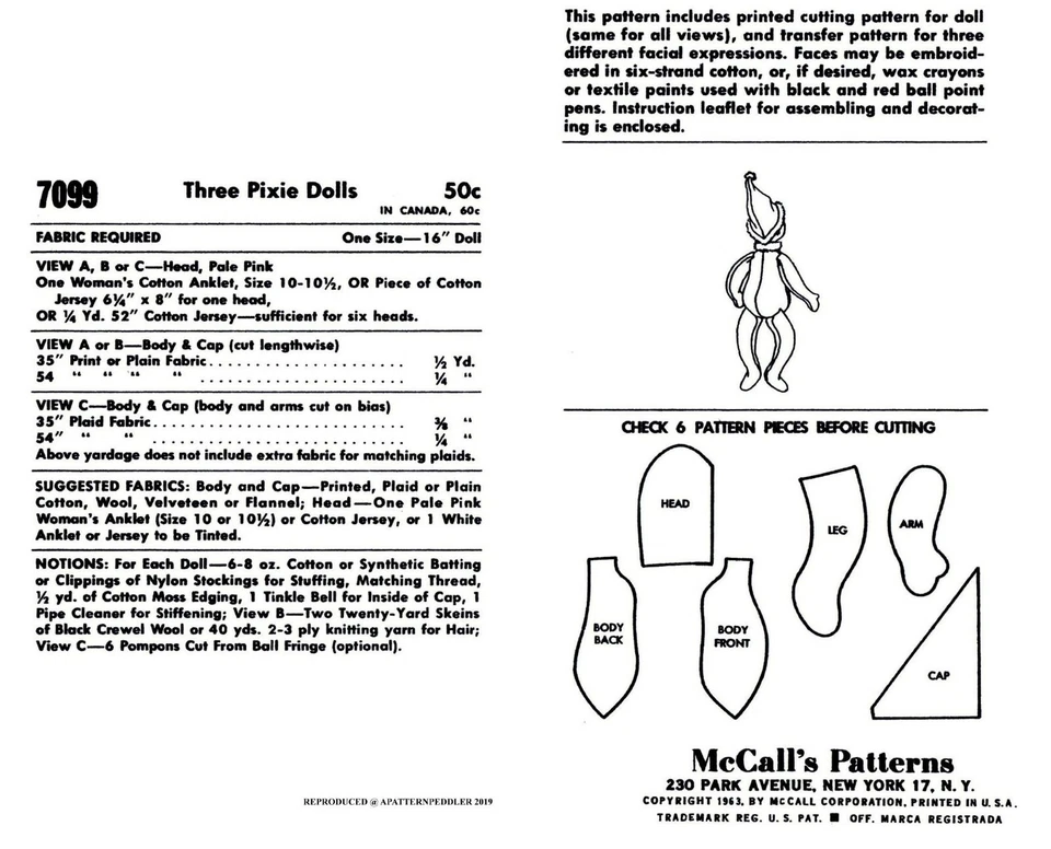 Christmas Pixie Doll Sewing Pattern 16" Holiday Elf McCall's 7099 Virginia Black - Image 3 of 4
