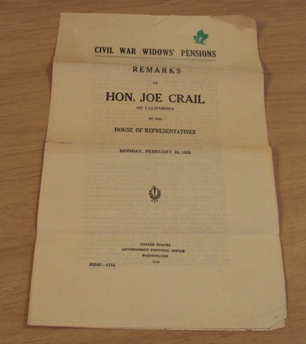 1928 Rep Joe Craig/CALIF 'Remarks'~"CIVIL WAR WIDOWS' PENSIONS"~
