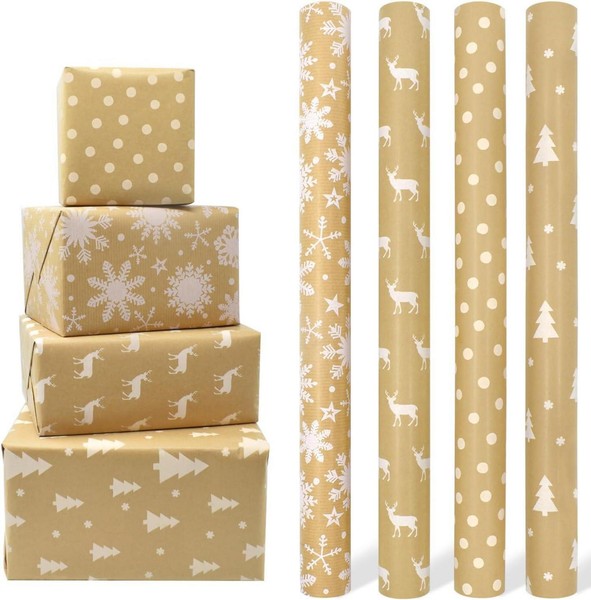 Kraftpapier Weihnachtsgeschenkpapier 4 Rollen 43Cm X 3M Festliche Deko-image