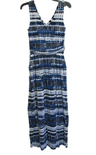 Envi Blue & White Abstract Print Double V Neck Maxi Dress Size XS