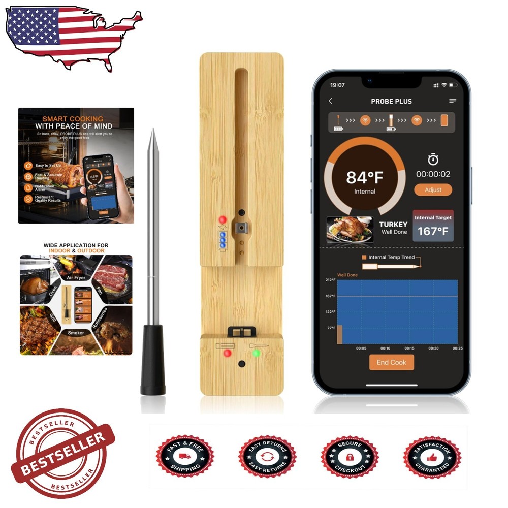 Waterproof Wireless Meat Thermometer - Bluetooth 500FT Range, 16-Hour Battery