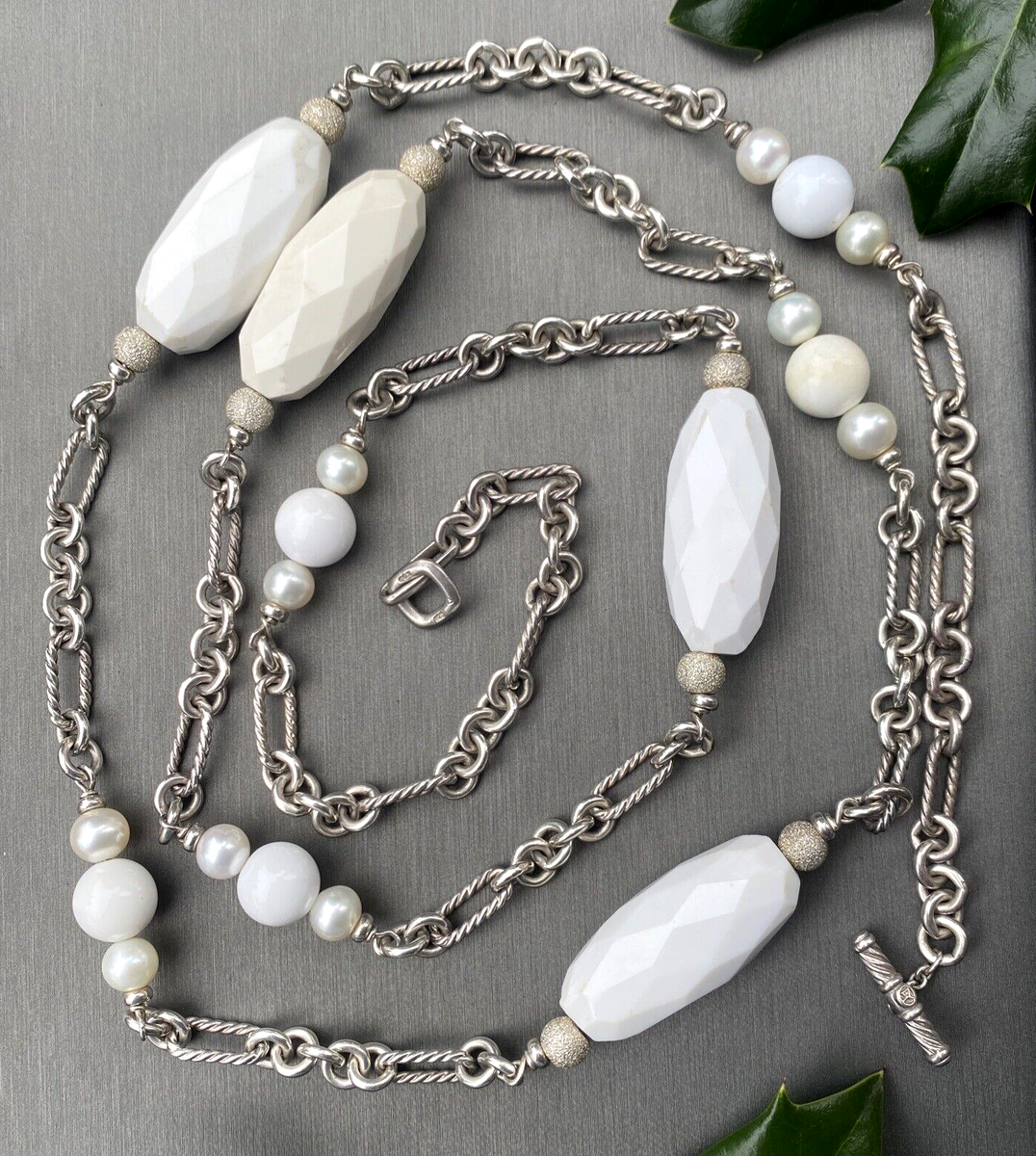 David Yurman Pearl White Agate Sterling Silver Figaro Chain