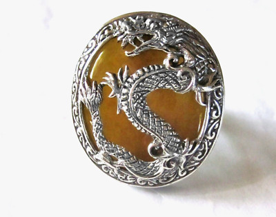 Silber Drache & Honig Jade Ring / Größe 8 / 925 Sterling Silber / 53,85ct