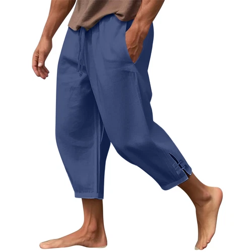 Men's Summer Cotton Linen Drawstring 3/4 Length Pants Casual Baggy Capri Shorts - Bild 18 von 39