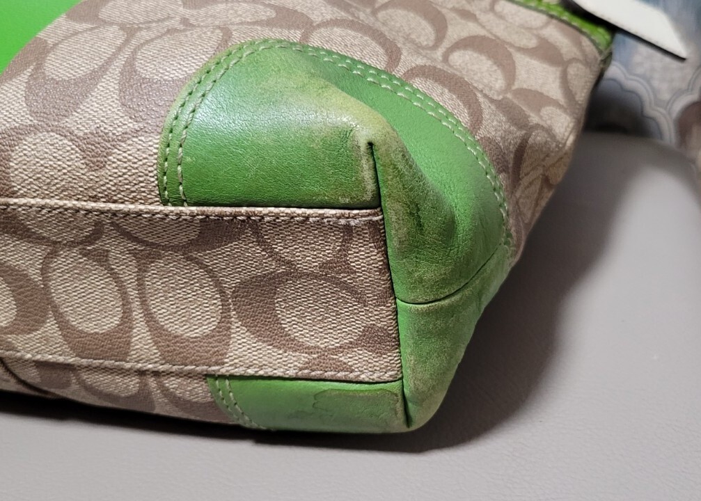 Coach Signature Heritage Stripe Green Khaki Tote Purse Bag 11349