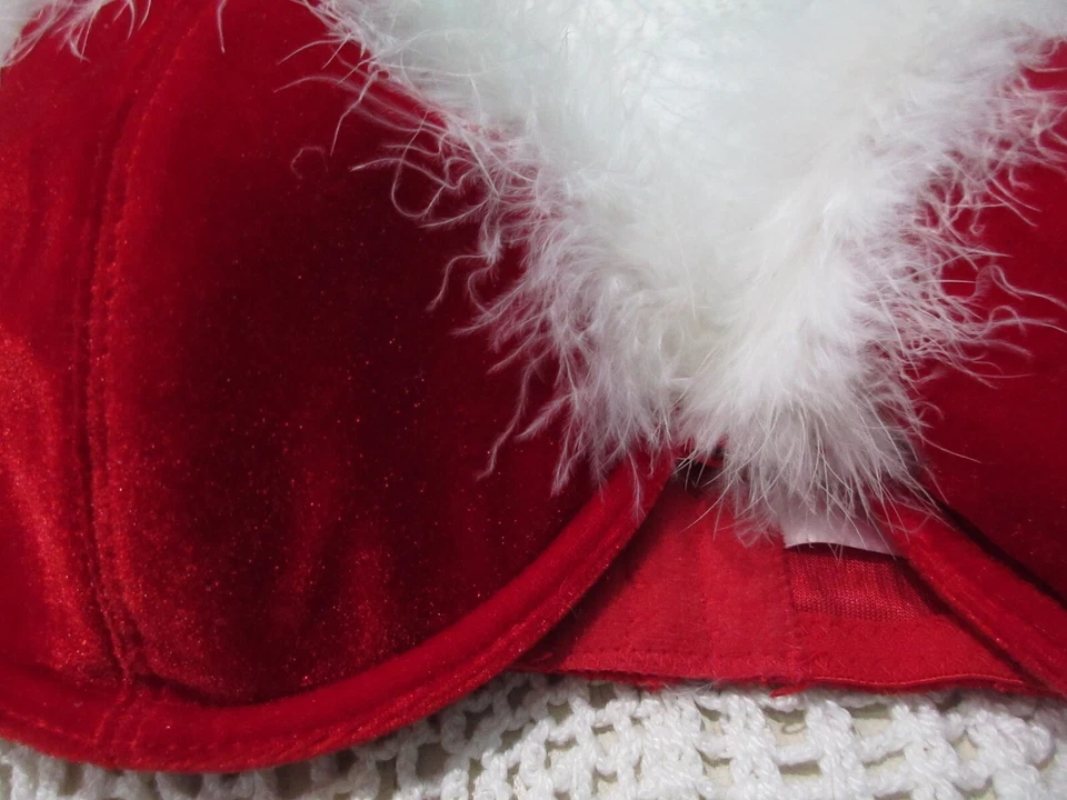 Сексуальный Санта костюм красный бархат 38C бюстгальтер Топ шорты перо Рождество Bombshell 2шт - Изображение 4 из 4