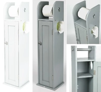 White, Grey Wood Free Standing Toilet Paper Roll Holder Bathroom Storage Cabinet