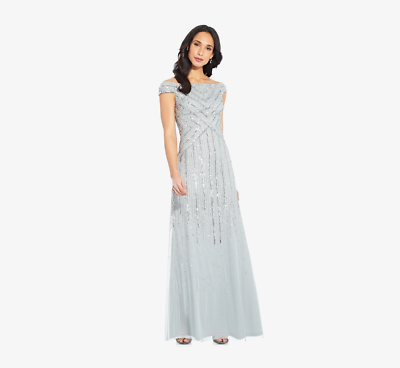 Adrianna Papell Long Beaded Off-The- Shoulder Dress In Frosted Sage 20 |  eBay