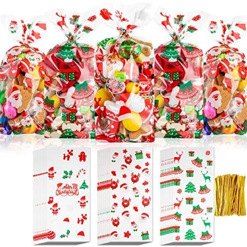 100PCS Christmas Cellophane Treat Bags Xmas Clear Cello Gift Bags