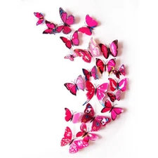 12PCS 3D HOT PINK Butterfly Wall Stickers Art Decal DIY Decor Removable Stickers