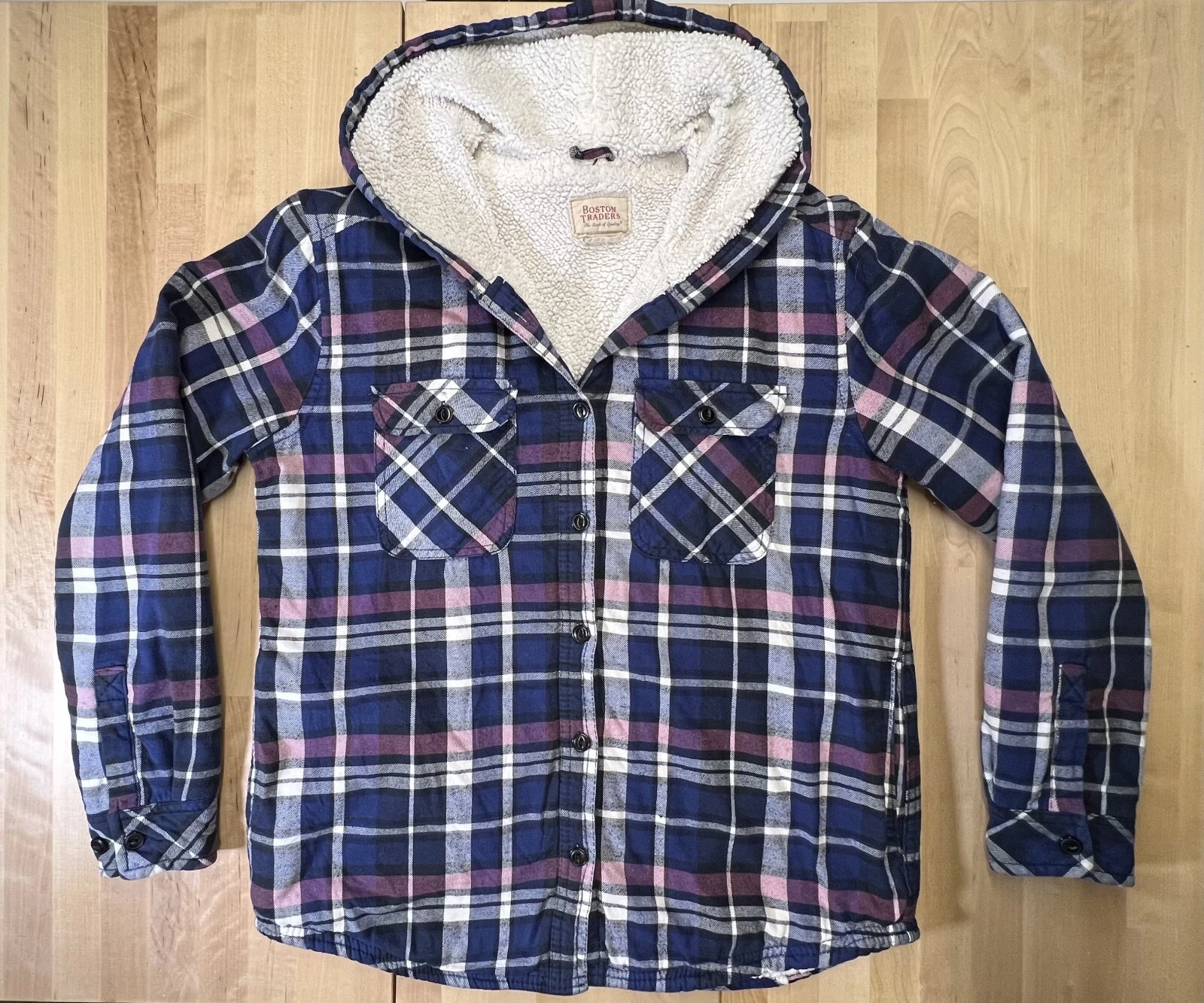 Boston Traders Jacket Mens Small Plaid Sherpa Lined Flannel Hooded Shirt