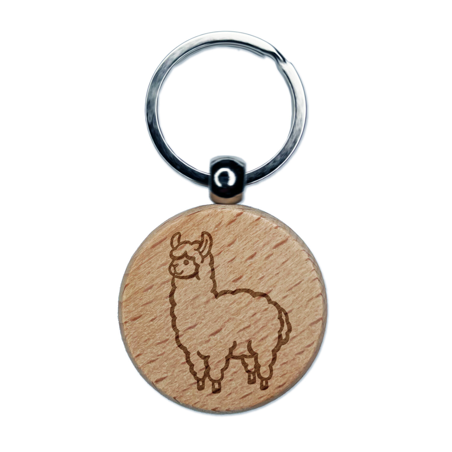 Alpaca Llama Full Body Engraved Wood Round Keychain Tag Charm
