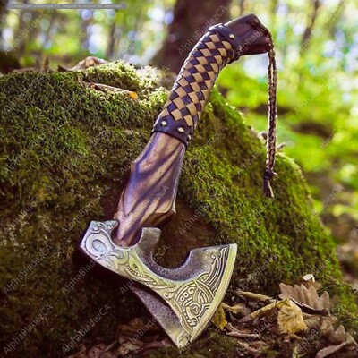 Handmade Forged Viking Axe Etched on the Carbon Steel Head Forged wood handle.