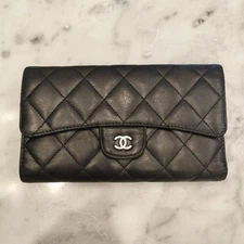Authentic Chanel Coco Mark Timeless Matelasse Lambskin Bi-fold Long Wallet Black