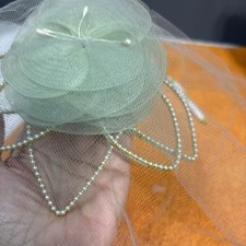 R-6-Vintage Mint Green Hair Clip With Beautiful Bead Petals  Sheer Veil